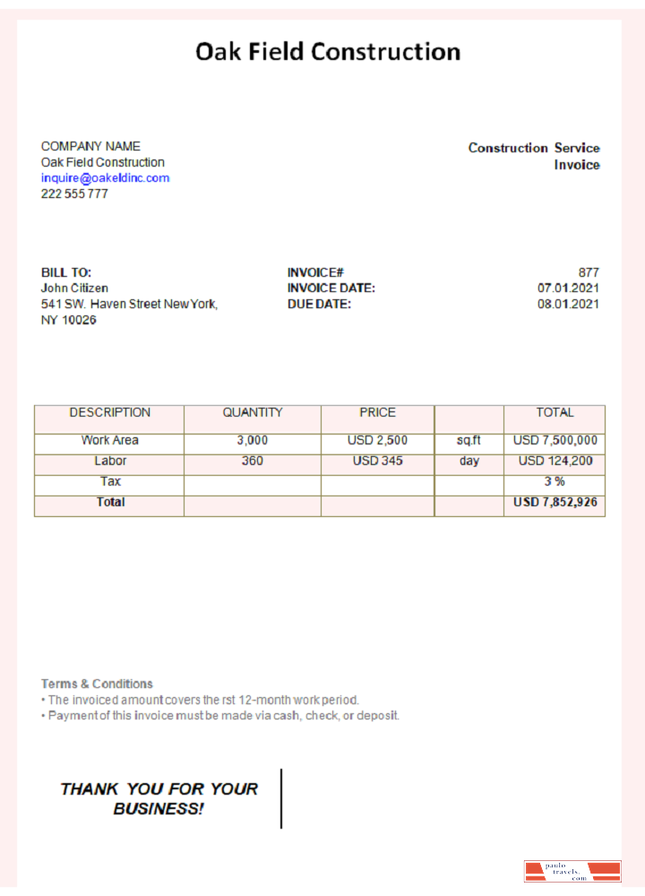 USA Oak Field Construction invoice PSD template